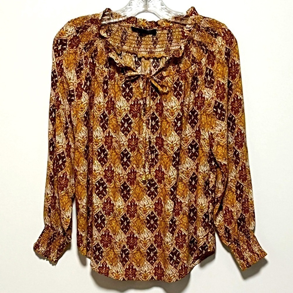 Jane + Delancey Colorful gold tones tie neck long sleeve bohemian blouse